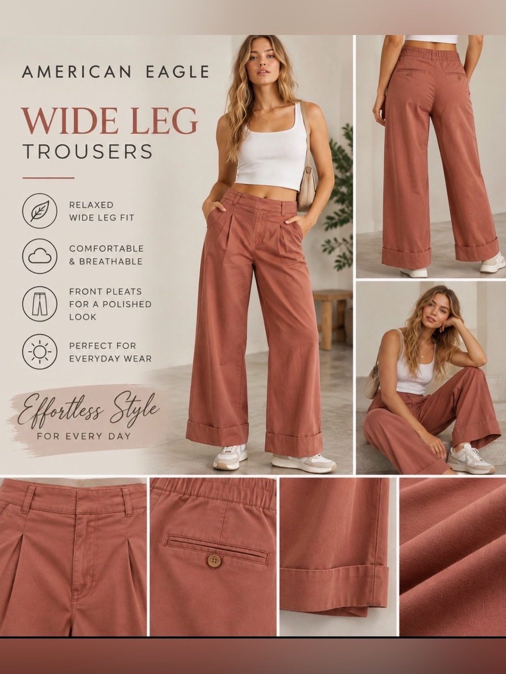 American Eagle Outfitters Wide-Leg Trousers in Warm Rust